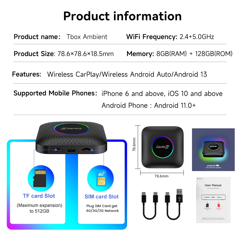 【未使用】CarlinKit Tbox Ambient 8gb 128gb Carlinkit TBOX Ambient 8G + 128GB - Smart Car Play Box